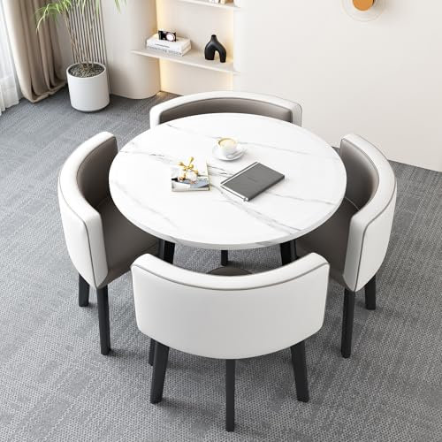 Modernes rundes Esstisch-Set mit Stühlen, kleiner Küchentisch für 4 Personen, stilvoller grauer Konferenztisch, kompaktes Esszimmermöbel, platzsparendes Design