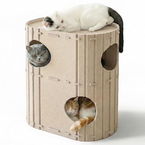 PETKARAY 2-Story Felt Cat House, Large Bed Cave for Indoor Cats, Felt Tunnel Hideaway Condo for Multi-Cat Households, 23.6x22x12 inches, Grey
