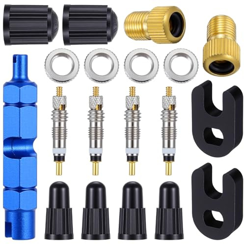Bremorou Presta Valve Core Tool Repair Kit Including 4 Valve Cores Core Caps 4 Nuts 2 Converters and 2 Plastic & Alloy Valve Stem Dismantle Removal Tool for Tubeless Road MTB Bike Tires Accessories