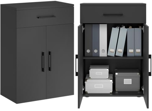 Bellamio Apol Büroschrank 60 cm breit, Schwarz, 1 Schublade, 2 Fächer, Holz | Mehrzweckschrank, Aktenschrank, kleines Bücherregal, Aufbewahrungsschrank 88 cm hoch, für Flur, Büro & Wohnzimmer, Büromöbel