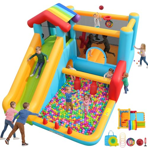 AKEYDIY Bounce House, Inflatable Bounce House for Kids 3-12, Obstacle Bouncy House with Slide, Trampoline, Ball Pit, Basketball Hoop, Target, Climbing, Tunnel, Indoor Outdoor, 450W Blower