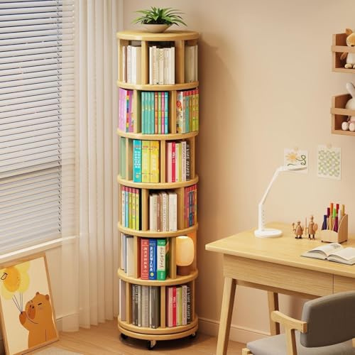360° Drehbares Bücherregal 6-Etagen Drehregal Aus Massivholz, Platzsparendes Schmalregal Mit Rollen, Rotierender Bücherturm Für Wohnzimmer, Büro, Schlafzimmer, Ecke(Natural Wood Color)