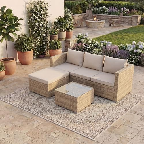 Garden Vida Hampton 4 Seater Corner Rattan Seating Set | Natural | Complete Outdoor Garden Patio Furniture Set | Steel Frame & PE Wicker Construction | UKFR Certified, Weather Resistant, With Cushions
