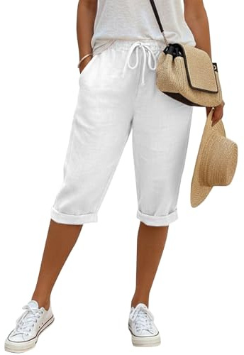 Pantaloni Lino Donna 3/4 Curvy Pantaloncini Donna Estivi In Cotone E Lino Leggeri Vita Alta Con Coulisse Ed Elastico Shorts Bermuda Larghi Eleganti Con Tasche Casual Per Spiaggia Sport E Tempo Libero