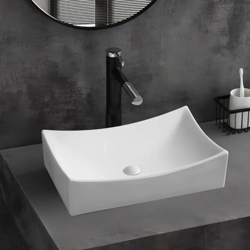 SouNor Rectangle Bathroom Vessel Sink Above Counter Square Bowl Countertop 25x15 Inches Modern Contemporary Porcelain Big Large Ceramic Wash Lavatory Basin Rectangular Sinks White,25 (Small)