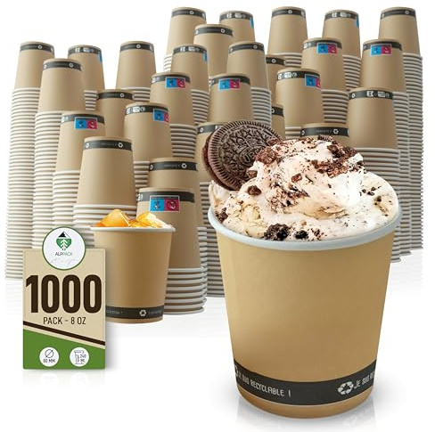 Lot de 1000 Gobelets Jetables en Carton Kraft 8 oz / 24 cl – Verres Jetables pour Cocktail, Café, Eau, Boissons Chaudes et Froides, Résistants à la Chaleur, Idéals pour Professionnels et Événements