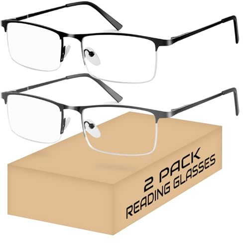 2 Pack Men's Half Frame Metal Reading Glasses , Mobile/Computer Reader