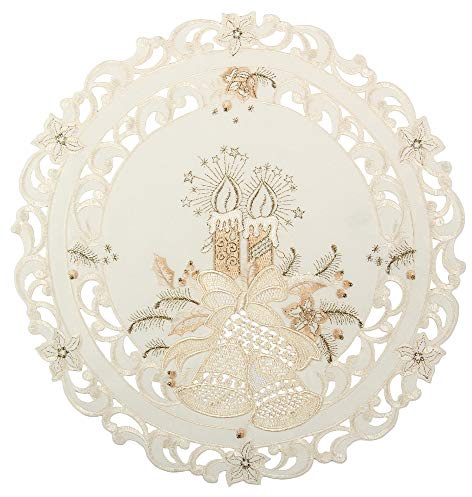 Bezaubernder Weihnachten Tischläufer/Tischdeckchen Creme-Weiß mit Gold Kerzen Glocken Stickerei - Größe wählbar (ca. 40 cm Rund)