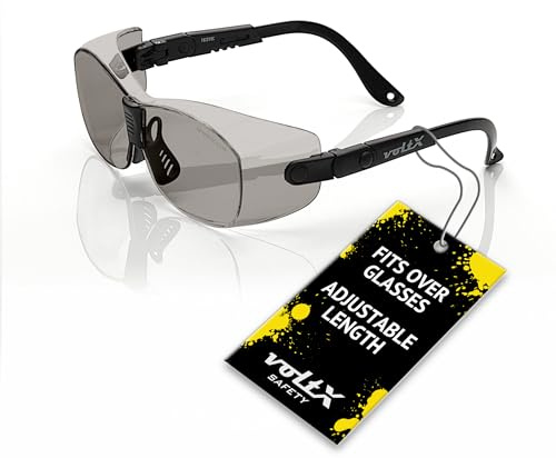 voltX 'RETRO COMPACT OVERGLASSES' – Pequeño/Mediano tamaño, seguridad industrial Overspecs-CE EN166ft certificado, (lente Ahumado/Gris) -antifog, rasguño resistente, protección UV
