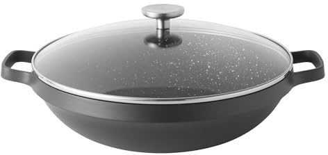 Berghoff Gem - Wok a due manici antiaderenti con coperchio in vetro, 32 cm, in alluminio pressofuso, nero, 40 x 33 x 16,5 cm