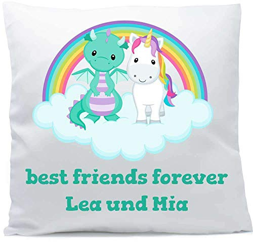 Kissen mit Namen Geburt Regenbogen Einhorn Drache türkis 40x40 cm inkl. Füllung Kuschelkissen, Kissen Farbe:Vorderseite weiß/RS mokka