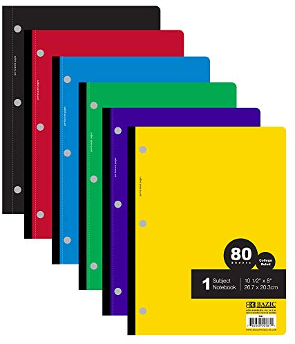 BAZIC Products Notebook College Ruled 1 Subject 80 Sheets Wireless Notebooks, Lined Composition Book, Assorted Color, 6-Pack