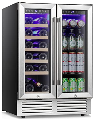 Antarctic Star Wine and Beverage Refrigerator, 24 Inch Dual Zone Wine Cooler with Glass Door, Built in or Under Counter Wine Fridge with Blue LED Light,18 Bottles and 66 Cans Capacity Beverage Cooler