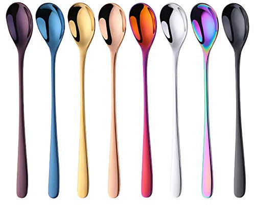 Bisda Cuillères à thé glacé café Lot de 8 Couleurs Cuillère à Long Manche en Acier Inoxydable Cuillère pour Cocktail Dessert Yogourt 20,5 cm(8 inch) Longueur