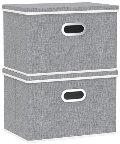 Yawinhe 2 Stück Aufbewahrungsbox mit Stoffdeckel,45x30x30cm,Grau | Aufbewahren Boxen mit Deckel Stoff;Waschbare Faltbare Stoffboxen;Kisten Aufbewahrung mit Praktischen Metallgriff