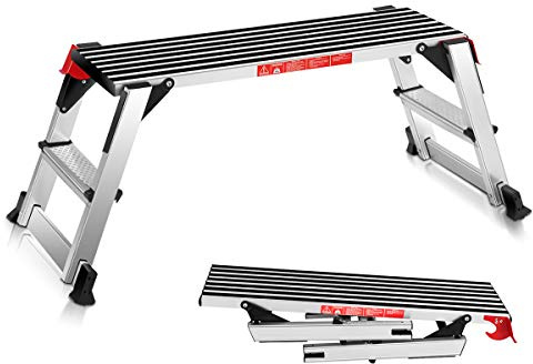 DREAMADE Arbeitsplattform Alu, Arbeitsbühne Klappbar, Klapptritt Trittleiter mit Anti-Rutsch Design und Sicherheitschloss, Gerüstleiter Stufentritt Trittbank max. 150 kg belastbar