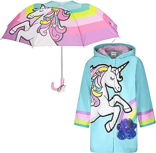 addie & tate Girls Rain Jacket & Kids Umbrella Set - Unicorn Umbrellas for Rain - Kids Raincoat for Boys and Girls Rain Coat for 5-7