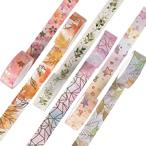 YUBX 6 Rollen Washi Tape Set, Masking Tape Goldene Foliendruck Dekoratives Klebeband Bunt für DIY Handwerk, Verschönert Journals, Planer, Scrapbooking und Verpackung