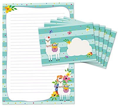 JuNa-Expe​​rten Briefblock mit Umschlag für Kinder Lama – Liniertes A4 Briefpapier-Set für Mädchen und Jungen, 25 Blätter + 15 Umschläge, Lama-Design für kreative Einladungen
