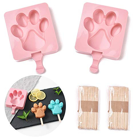 Cheriswelry Ice Lolly Mould Dog Cat Paw Print of 2 Packs with 40pcs Wood Stick Food Grade Silicone Ice Cream Mould for Frozen Dessert Cakesicles Popsicles Makers