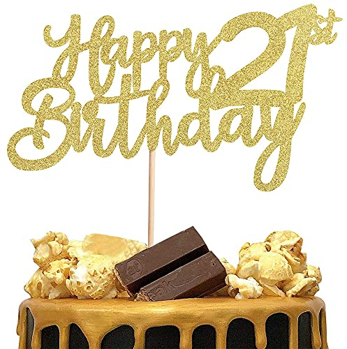 Happy 21st Birthday Cake Toppers, 3 Pcs Gold Cake Decorations for Women Man Girls Boys 21st Birthday Cakes Cupcakes, Glitter Cake Topper Banner Decoration for Cheers to 21 Birthday Party Supplies