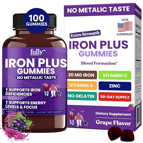 Iron Gummies Supplements for Women, Men and Kids – Health Blood & Energy Support for Iron Deficiency, Anemia, No After Taste- Fresh Grape Flavor- 100 Gummies (50 Days Supply)