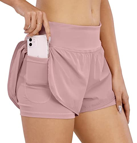 COTOP Sportbyxor, dam, korta sommar, löparbyxor, hög midja, 2 i 1 med ficka, elastiska snabbtorkande löpshorts för fitness, jogging, gym, träning, ROSA, L