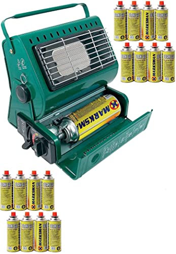 1.3KW Camping Wood Stove Portable Heater & Butane Gas Canisters Lightweight Safety Grill Automatic Ignition Temperature Control Caravan Outdoor Fishing Party Green (Heater + 16 Gas Canister)