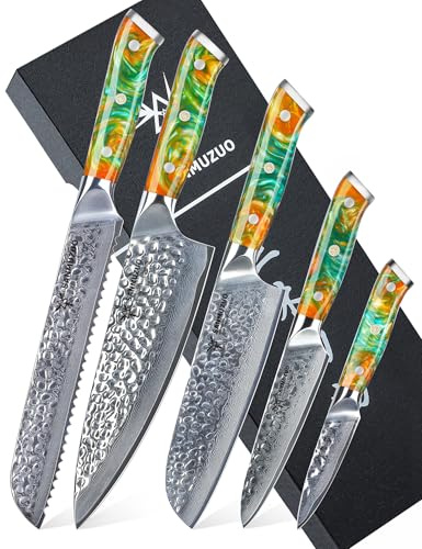 SANMUZUO Ensemble de couteaux de chef - Set de couteaux de cuisine de 5 pièces - Acier de Damas VG10 ultra-tranchant et manche en résine - Série Yao