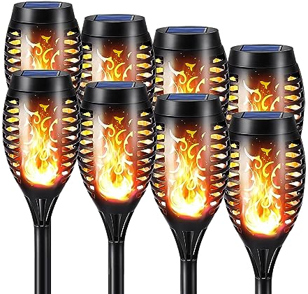 LQWELL Luces de antorcha solar para exteriores, 8 piezas, 12 LED, lámpara solar con efecto de llama, IP65, impermeable, jardín, camino solar, iluminación de césped para patio trasero (paquete de 8)