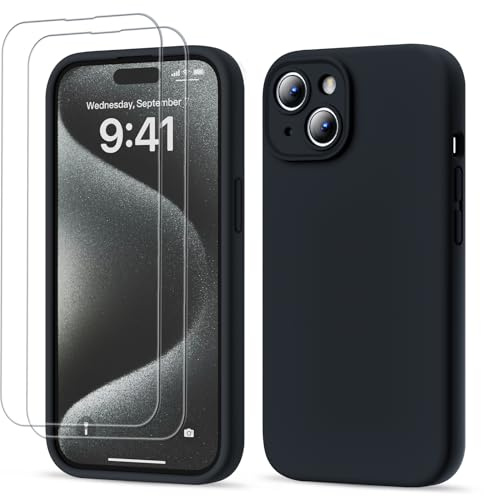 GOODVISH 3 in 1 für iPhone 15 Hülle Liquid Silikon, Schwarz | mit 2 Stück Schutzfolie, Upgraded Kameraschutz Soft Mikrofaserfutter Handyhülle Kratzfest Stoßfeste Schutz Case 6.1