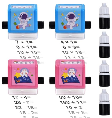 Natuce 4 Stück Digitale Lernstempel, Mathe-Stempel, Roller, Rechenstempel, Roller, wiederverwendbar, für Kinder, Mathe-Übungen zum Addition, Multiplikation, Teilen