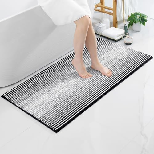 OLANLY Chenille Badezimmerteppich Weich Saugfähige Badematte rutschfest Badteppich Mikrofaser Badvorleger Waschbar Duschvorleger für Badezimmer - 60 x 120 cm, Schwarz