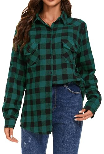 Timuspo Skjortblus för damer, rutig, långärmad oktoberfestblus med knappslå, rutig tunika, ledig, v-ringad, topp, flanellskjorta, Grön, XL