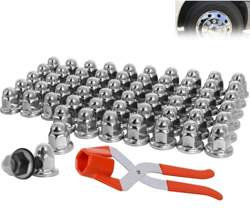 Podoy 60 Pcs 33mm Stainless Steel Lug Nut Covers for Semi Trucks RV Motorhome and Trailers, Push-On Bullet Flanged Wheel Nut Caps, Solid Metal, No Rust, Tight Fit with Removal Tool, 2.1” Height