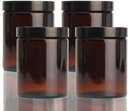 Fam Organic 180ml Amber Brown Glass Jar Container with Air Tight Lid – Suitable for Cosmetics, Candle, Storage, Herb Stash - Reusable, BPA-Free, Eco-Friendly Jar (180ml - Black Lid - Pack of 4)