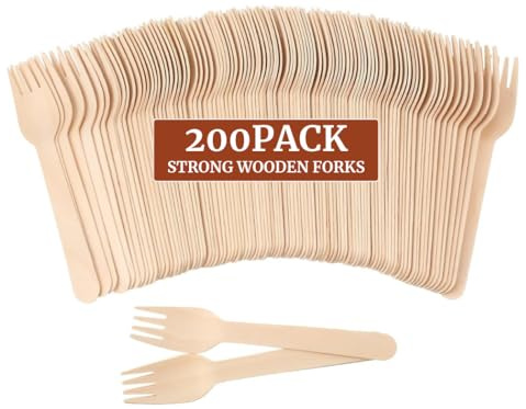 200 tenedores de cubiertos desechables de madera [6.25 pulgadas] compostables, respetuosos con el medio ambiente y biodegradables para fiestas, sin juego de cubiertos de plástico