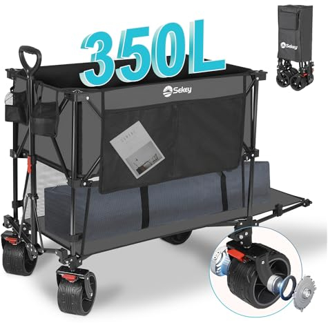 Sekey XXXXL Bollerwagen Faltbar 350L mit Extra Breite Reifen 17x10cm, Faltbarer Bollerwagen Strandwagen Transportwagen Zusammenfaltbar aus 4 Richtungen, 4XL-Doppel 4021, Grau