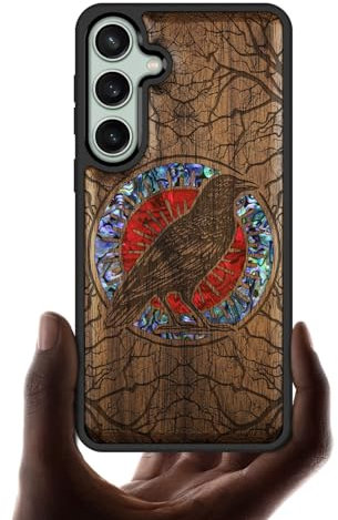 Carveit Designer Wooden Case for Samsung Galaxy S23 FE Case Cover [Wood Engraving & Shell Inlay] Compatible with Wireless Chargers S23 FE Case (The Haloed Crow-Walnut)