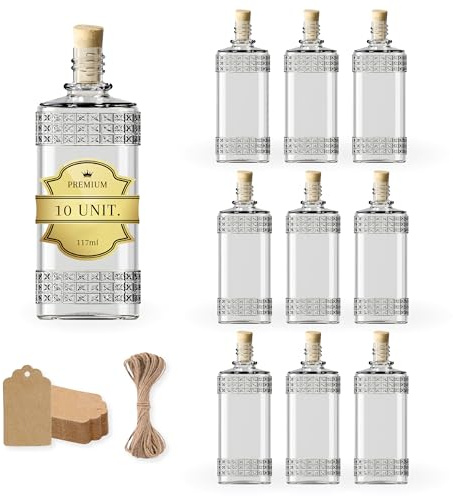 10 Glasflaschen im Vintage-Stil, 117 ml, mit Korkverschluss + 10 Etiketten aus Kraftpapier + Schnur – niedlicher Alkohol für Likör, Proben und Souvenirs – dekorative Vase, Diffusor-Flasche leer