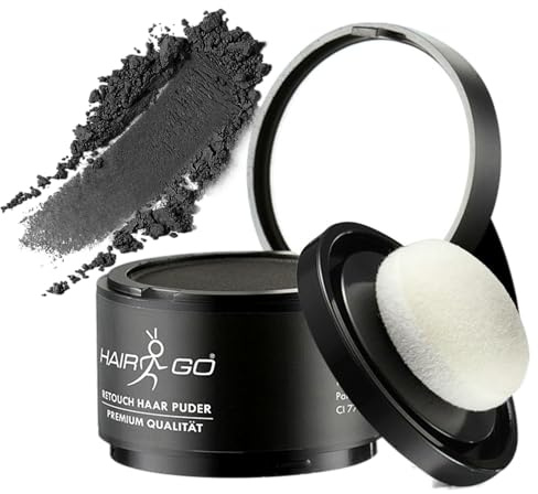 HAIR GO Premium Ansatzpuder - Haar Concealer zur Haarverdichtung für Frauen und Männer, wasserfestes Haar Make-up zum Ansatz kaschieren - Friseurqualität - Pulver Natürlich (4gr.) (schwarz)