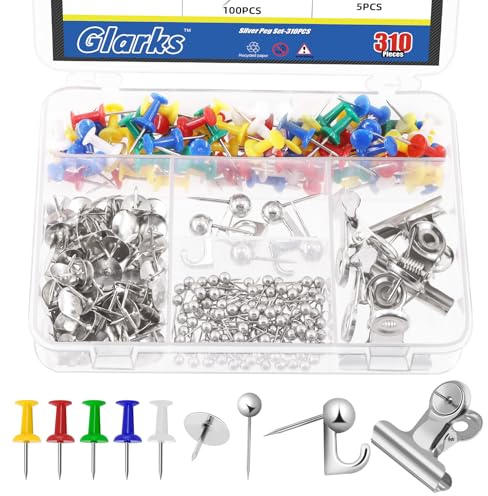 Glarks 310Pcs 5 Styles Silber Push Pins Set, Daumen Tacks Dekorative Push Pins für Bulletin Board Dekorationen, Kunstwerke, Fotos, Handwerksprojekte