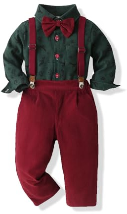 Yoolhamy Baby pojke juloutfit kostym småbarn jul 3 st fluga skjorta och hängslen byxor gentleman set, Grön skjorta + röda byxor, 1-2 år