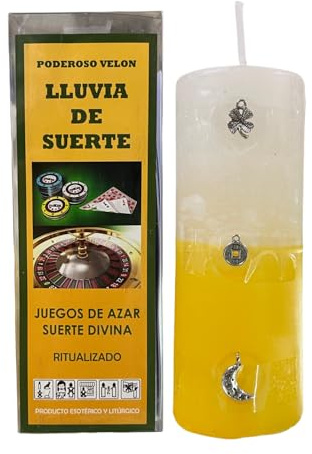 Velón de Lluvia de Suerte para Suerte Divina y Juegos de Azar | Poderoso Velón Ritualizado Amarillo y Blanco con Amuletos de Trébol, Moneda China y Luna, Polvos Dorados y Oración.