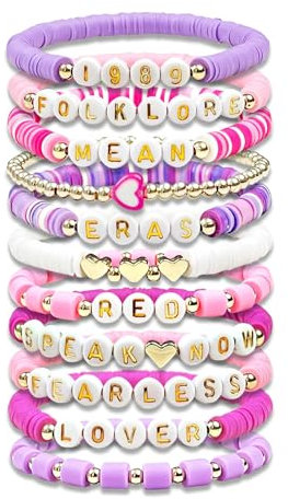 Huayuehong 11-teiliges Armband-Set, Freundschaftsarmbänder, Musik-Fans, Party-Dekorationen, buntes Polymer-Ton-Armband-Set für Damen, Rosa und Violett