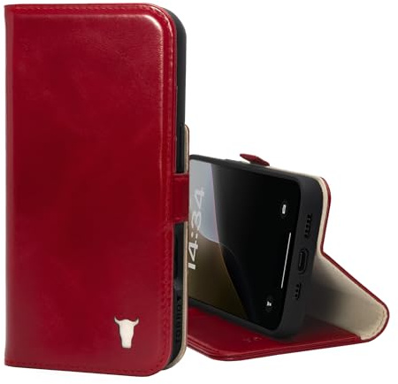 TORRO Leather Case Compatible with iPhone 16 Pro – Premium Leather Wallet Case with Kickstand and Card Slots (Compatible with Official MagSafe Chargers) - Red