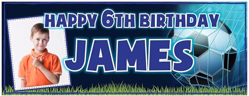 2 Personalised PHOTO Birthday Banners - Football Design 2 - Any Name, Any Age and a PHOTO of your choice (Approx 3ft x 1ft) Available in BLUE, GREEN, ORANGE, PINK or RED (Blue)