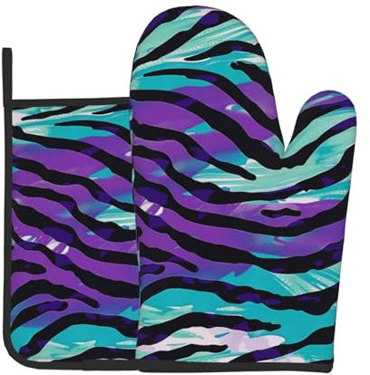 Purple Blue Green Camouflage Zebra Stripe Printed Oven Gloves & Pot Holders Set of 2, Non-slip BBQ Gloves and Potholders for Kitchen Cooking Baking Grilling