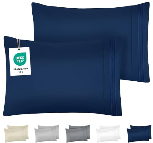 Dreamzie Fundas de Almohada (Juego de 2) - Almohadas 40x70 cm, Azul Oscuro, Microfibra con Motivo Bordado - Fundas de Cojines Oeko-Tex Suaves y de Calidad
