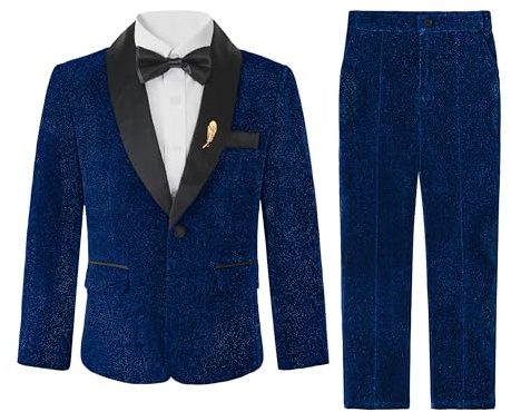 LOLANTA Boys Glitter Suit, Page Boy Blue Wedding Suit, Kids Prom Party Suit Set for Boys Blazer Pants Shirt Bow Tie(Blue, 5-6 Years, 120)